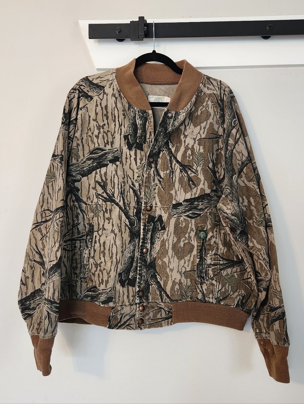 Vintage Mossy Oak 100% Cotton Jacket Mens XL Brown Snap Bomber Tree Stand Camo